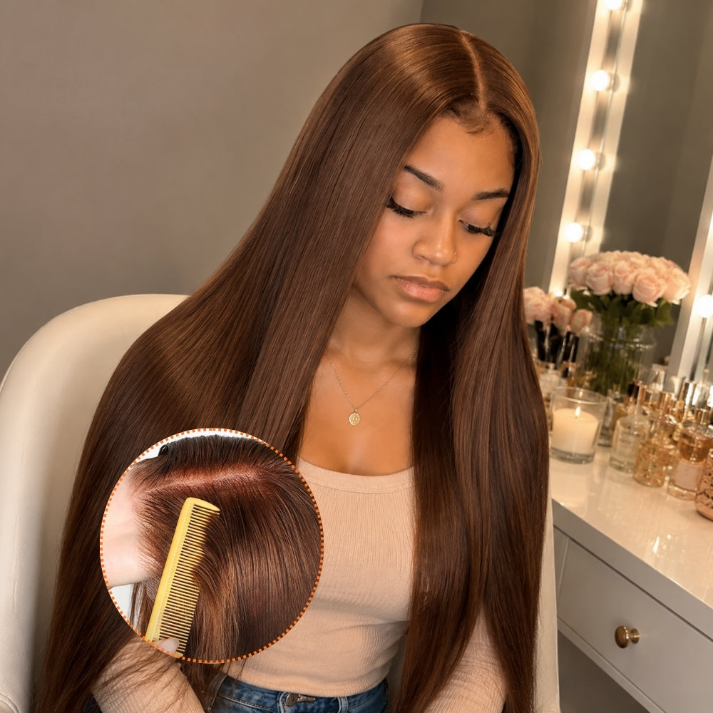 180% Density 360 Lace 4# Chocolate Brown Straight Face Framing Pre-Layered Lace Front Wig