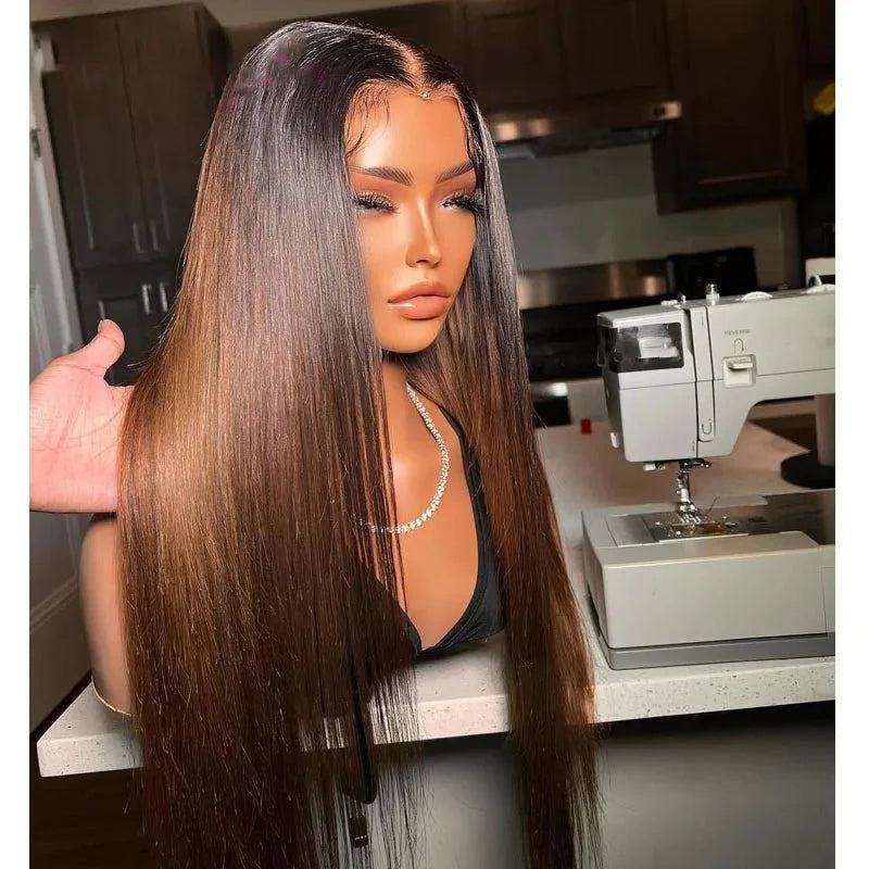 Pizazz Hair Chestnut Brown Ombre Yaki Straight Wig 8x5 Wear Go Glueless Human Hair Wigs