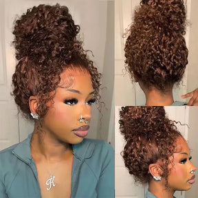 Water Wave 180% Density Chocolate Brown 360 Lace Frontal Wigs Pre-Bleached Knots Human Hair Wig With Invisi-String