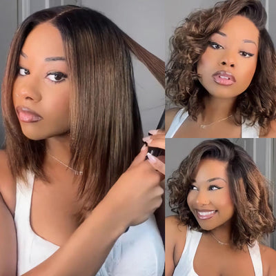 Layered Cut Chestnut Brown Ombre Yaki Straight 13X6 Glueless Bob Wig Pull Go Pre Cut Lace Wig Natural Human Hair Wig