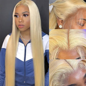 613 Blonde Color 13*6 HD Lace Frontal Silk Straight  Human Hair Wigs 180% Density
