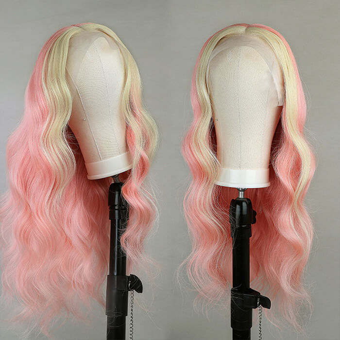 Pink & Blonde Skunk Stripe Color Wig 13*4 HD Lace Front Human Hair Wigs