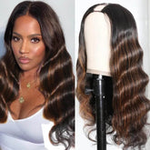 U Part Human Hair Wigs With Brown Highlights Glueless Natural Wig Look