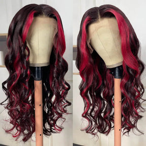 Ombre Highlight Dark Burgundy with Rose Red 13x4 Lace Frontal Wig Body Wave
