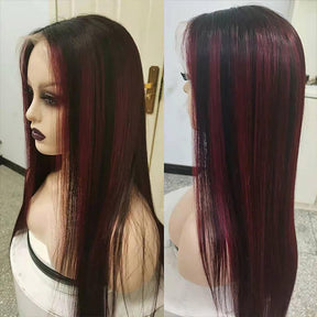 Black Wig With 99J Burgundy Highlight Mixed Colored 13*4 HD Lace Front Human Hair Wigs 180% Density