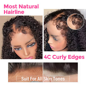 4C Edges Natural Hairline Curly 8x5 Glueless Lace Wigs Human Hair Pre Plucked 180% Density