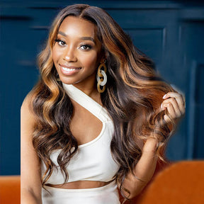 U Part Human Hair Wigs With Brown Highlights Glueless Natural Wig Look