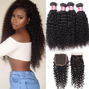 Peruvian 100% Human Hair Virgin Curly Hair 3/4 Bundles with 4*4 Lace Closure On Sale
