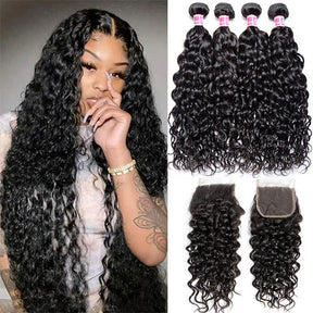 Brazilian Water Wave Human Hair 3/4 Bundles with 4x4 Swiss Lace Closure