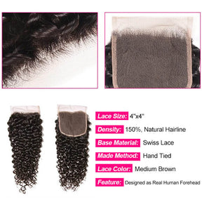 Peruvian 100% Human Hair Virgin Curly Hair 3/4 Bundles with 4*4 Lace Closure On Sale