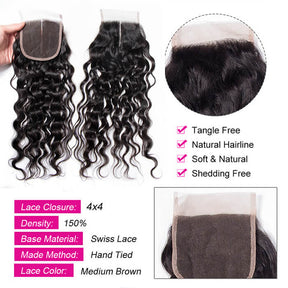 Brazilian Water Wave Human Hair 3/4 Bundles with 4x4 Swiss Lace Closure
