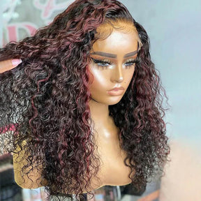 Black Wig With 99J Burgundy Highlight Mixed Colored 13*4 HD Lace Front Human Hair Wigs 180% Density