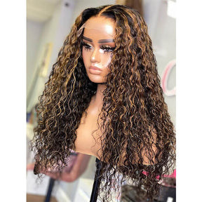 Water Wave Wig Natural Hair Color with Caramel Blonde Highlights Lace Front Wigs