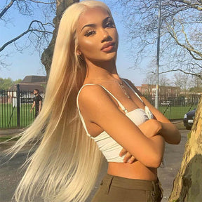 613 Blonde Color 13*6 HD Lace Frontal Silk Straight  Human Hair Wigs 180% Density
