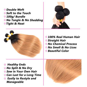 Ombre 1B/27 Straight Human Hair 3 Bundles With 4x4 Lace Closure