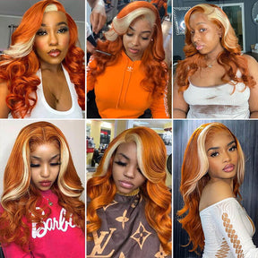 Ginger Wig With Blonde Highlights Body Wave Human Hair HD Lace Front Wigs
