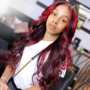 Ombre Highlight Dark Burgundy with Rose Red 13x4 Lace Frontal Wig Body Wave