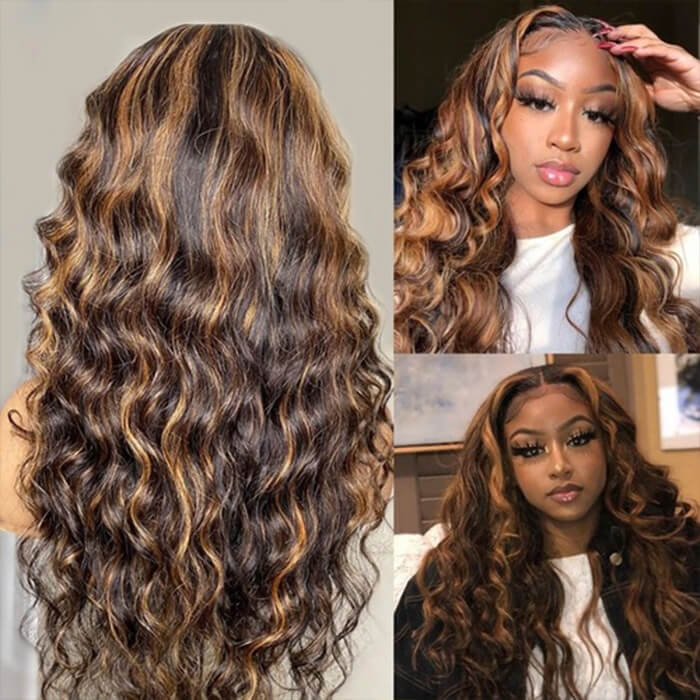 Ombre Highlight Honey Blonde Loose Deep Wave Wig 13x4 HD Lace Front Human Hair Wig