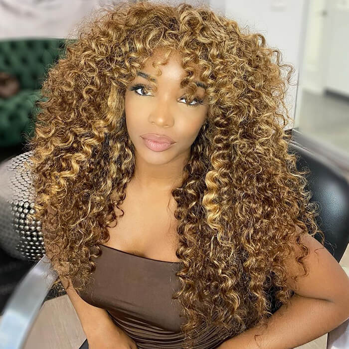 Blonde Highlights Curly Human Hair Wigs with Bangs