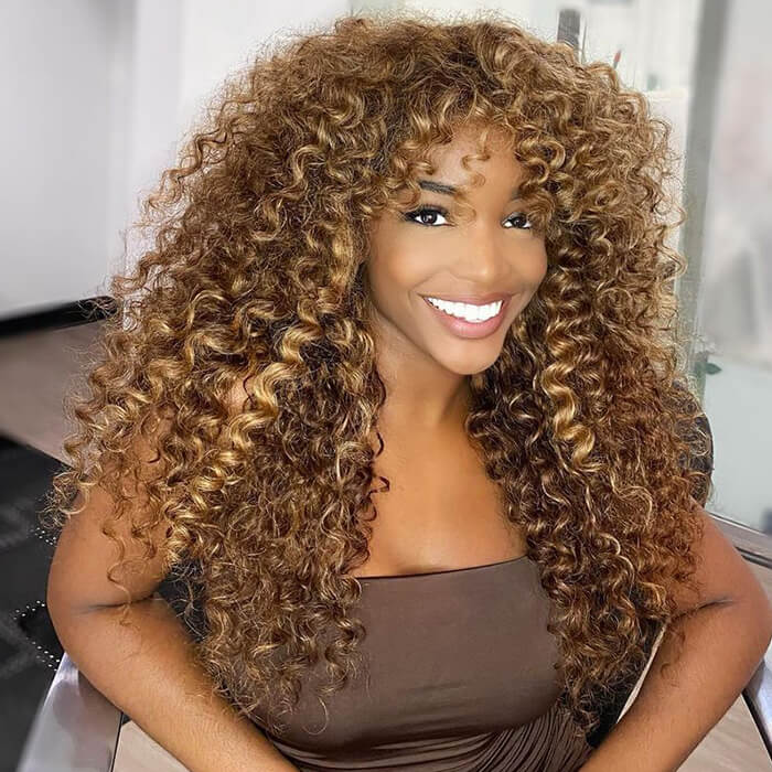 Blonde Highlights Curly Human Hair Wigs with Bangs