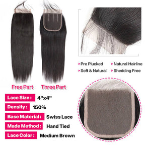 Bone Straight Virgin Hair 3 Bundles with 4x4 Transparent Lace Closure Pre Plucked