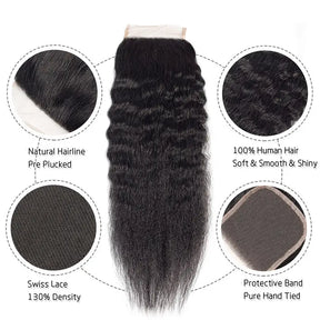 Kinky Straight 3 Bundles Hair Weft With 4x4 Lace Closure Virgin Human Hair