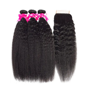 Kinky Straight 3 Bundles Hair Weft With 4x4 Lace Closure Virgin Human Hair