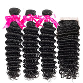 Deep Wave 3 Bundles Hair Weft With 4x4 Lace Closure Virgin Human Hair