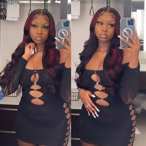 Black Wig With 99J Burgundy Highlight Mixed Colored 13*4 HD Lace Front Human Hair Wigs 180% Density