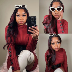 Black Wig With 99J Burgundy Highlight Mixed Colored 13*4 HD Lace Front Human Hair Wigs 180% Density