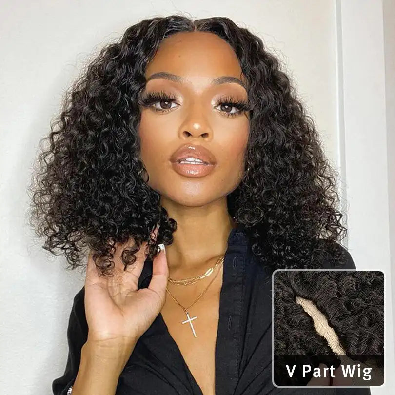 Thin V Part Wigs Affordable Bob Curly Wig Human Hair Wigs Easy Install Wig