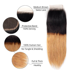 Ombre 1B/27 Straight Human Hair 3 Bundles With 4x4 Lace Closure