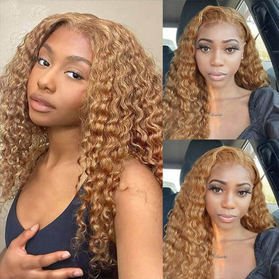 Beyonce Hair Honey Blonde Lace Front Wig #27 Color Deep Wave Human Hair Wigs 180% Density