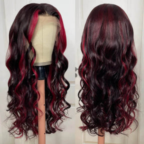 Ombre Highlight Dark Burgundy with Rose Red 13x4 Lace Frontal Wig Body Wave