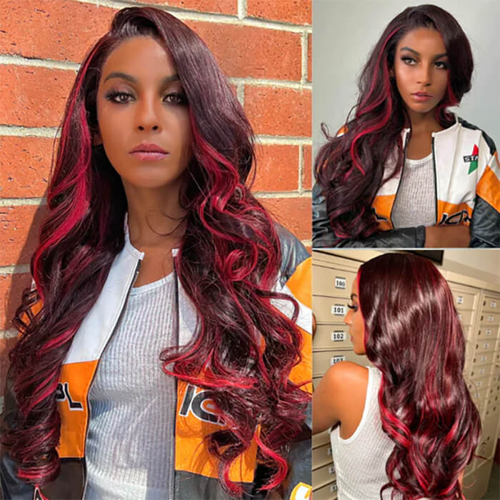 Ombre Highlight Dark Burgundy with Rose Red 13x4 Lace Frontal Wig Body Wave