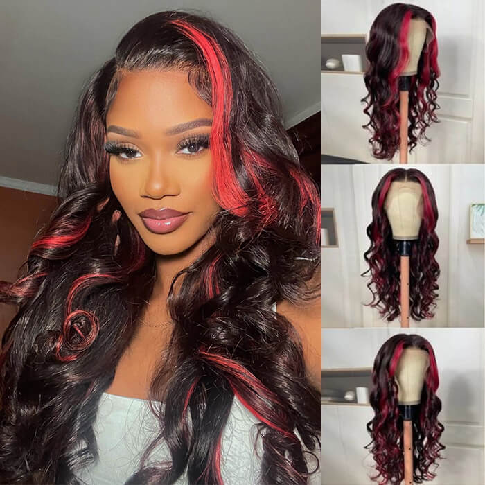 Ombre Highlight Dark Burgundy with Rose Red 13x4 Lace Frontal Wig Body Wave
