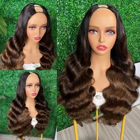 U Part Human Hair Wigs With Brown Highlights Glueless Natural Wig Look