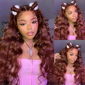 Reddish Brown Human Hair Wigs Body Wave Dark Red Brown 13x4 HD Lace Wig