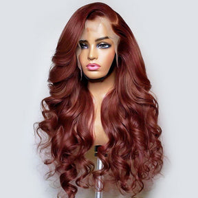 Reddish Brown Human Hair Wigs Body Wave Dark Red Brown 13x4 HD Lace Wig