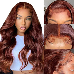 Reddish Brown Human Hair Wigs Body Wave Dark Red Brown 13x4 HD Lace Wig