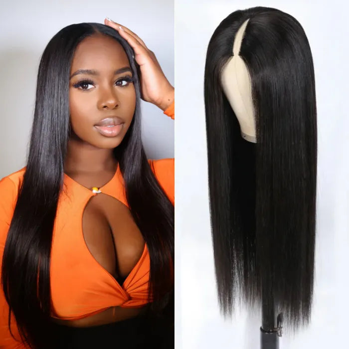 Glueless Straight V Part Human Hair Wigs New Upgrade Airy Cap Clip and Go Wig